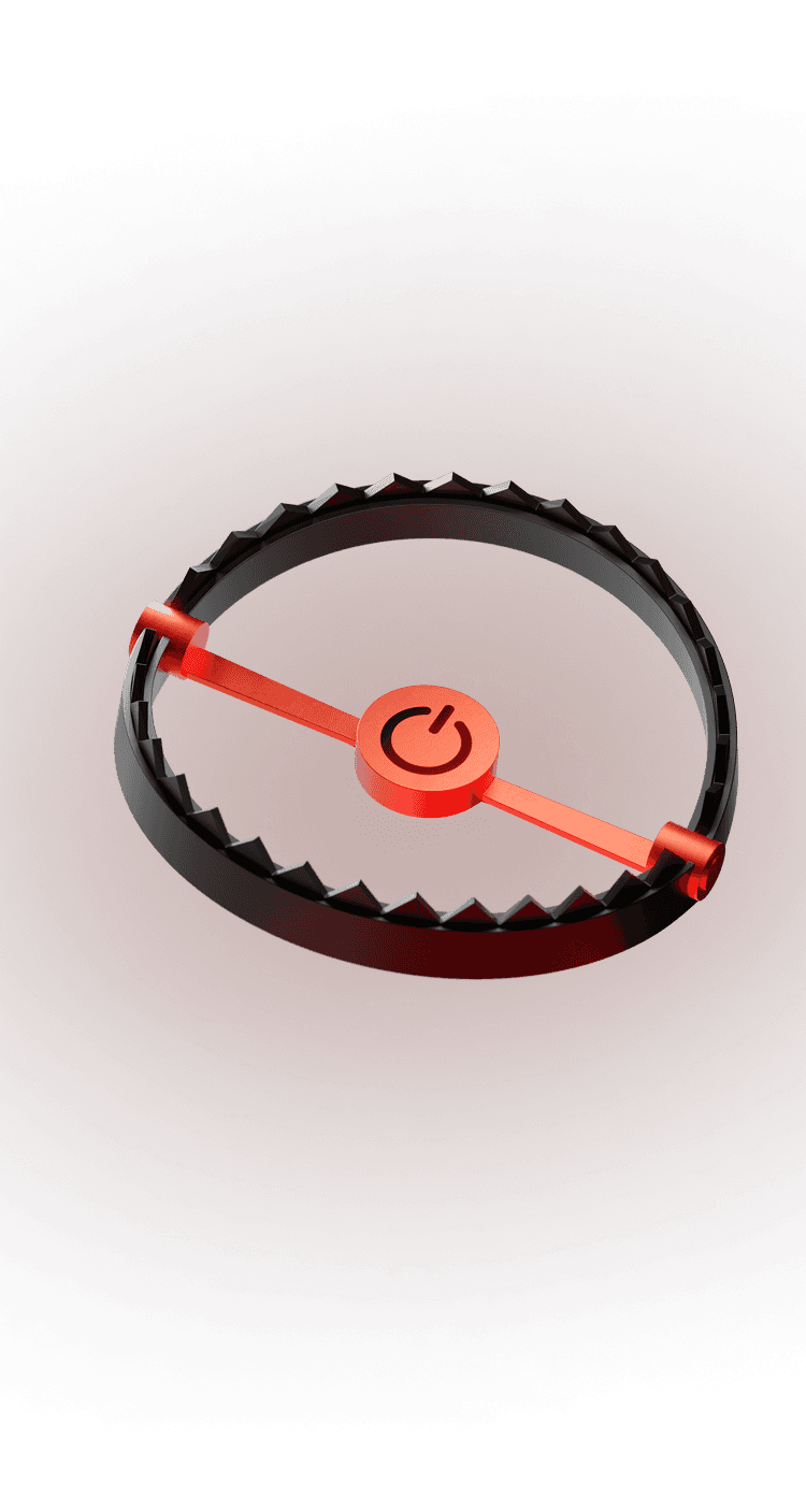3D rendering of a black, circular bear trap with jagged teeth and a bright red arm extending from center with power symbol