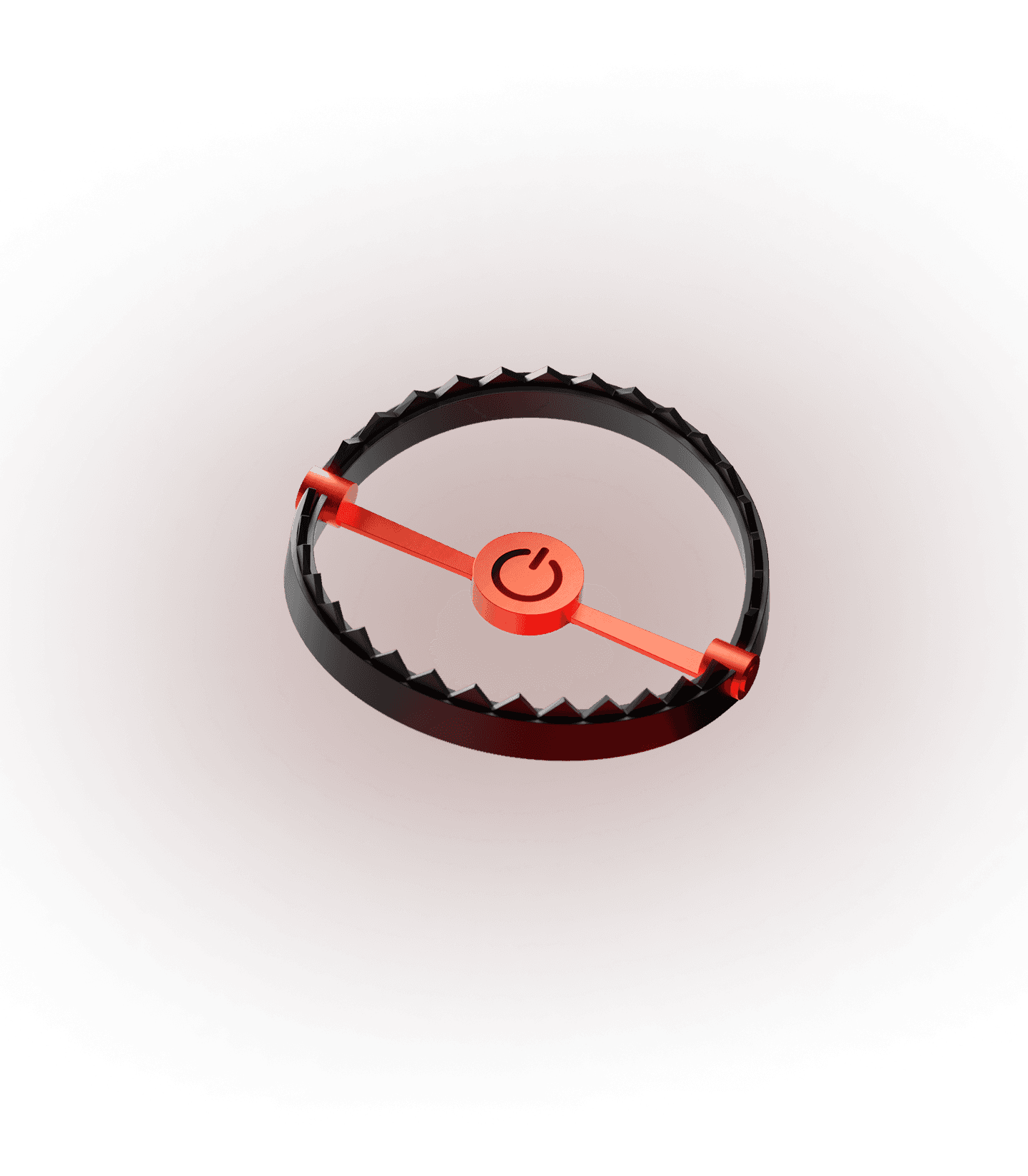 3D rendering of a black, circular bear trap with jagged teeth and a bright red arm extending from center with power symbol